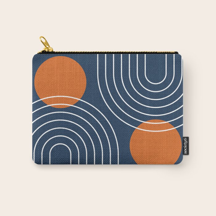 Mid Century Modern Geometric 83 in Navy Blue and Orange (Rainbow and Sun Abstraction) Carry All Pouch Gallery Image 1
