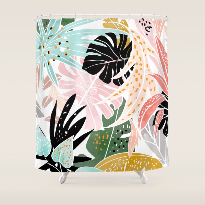 Veronica, Tropical Eclectic Bold Monstera Palm Illustration Nature Modern Colorful Jungle Shower Curtain Gallery Image 1