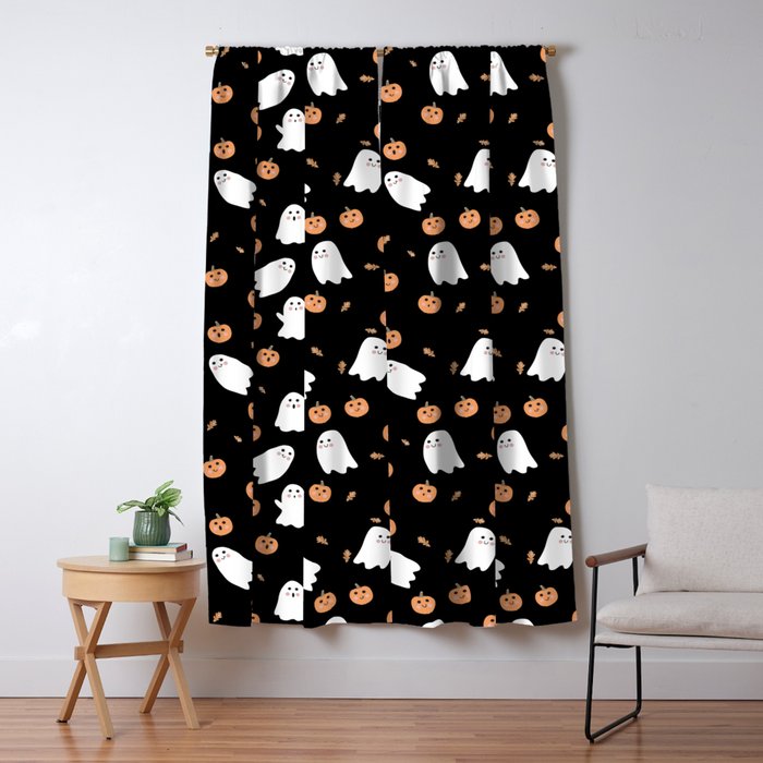 Cute Ghost Pumpkin Black Halloween Window Curtain