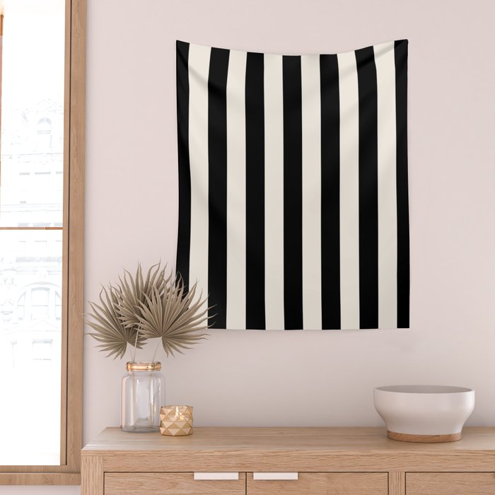 Black And Cream White Vertical Stripes Wall Tapestry Gallery Image 2
