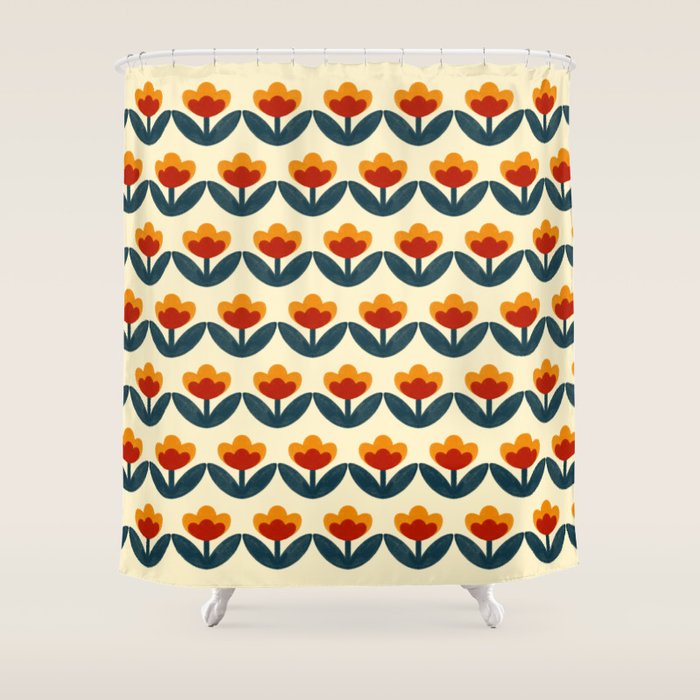 Retro 70s Floral Pattern in Mid-Century Red, Marigold, and Navy  Shower Curtain Gallery Image 1
