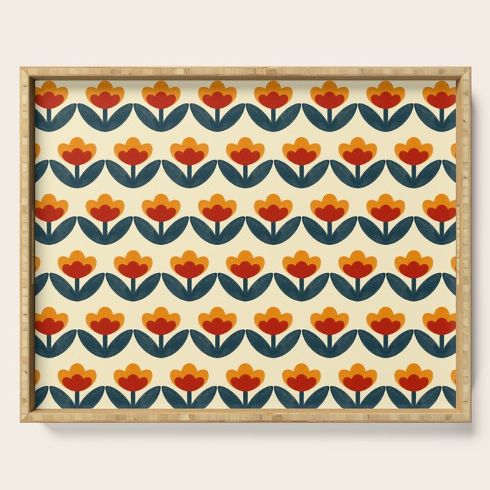 Retro 70s Floral Pattern in Mid-Century Red, Marigold, and Navy  Serving Tray Gallery Image 1