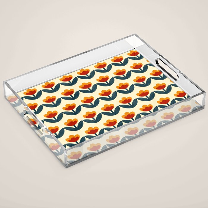 Retro 70s Floral Pattern in Mid-Century Red, Marigold, and Navy  Acrylic Tray Gallery Image 1