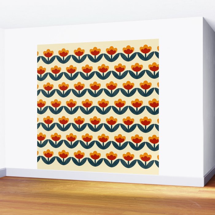 Retro 70s Floral Pattern in Mid-Century Red, Marigold, and Navy  Wall Mural Gallery Image 2