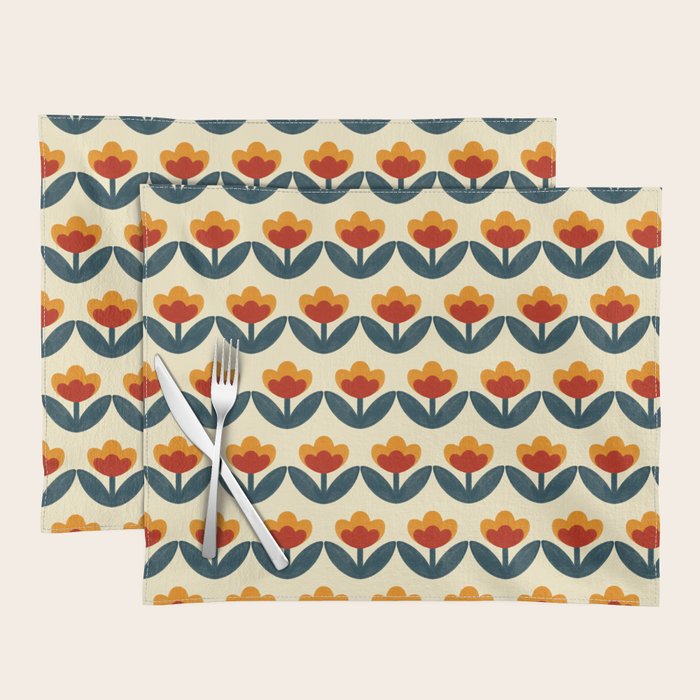 Retro 70s Floral Pattern in Mid-Century Red, Marigold, and Navy  Placemat Gallery Image 1