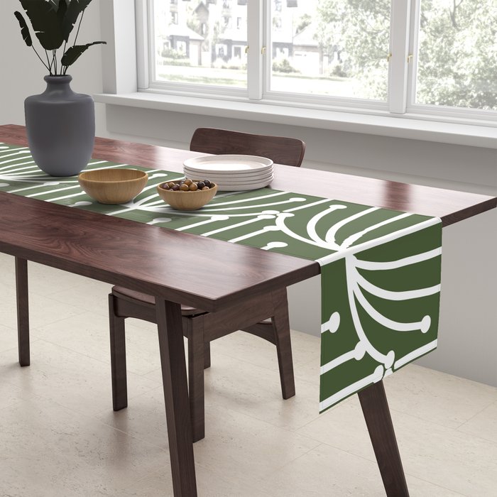 Retro Art, Floral Prints, Dark Green and White Table Runner Gallery Image 2