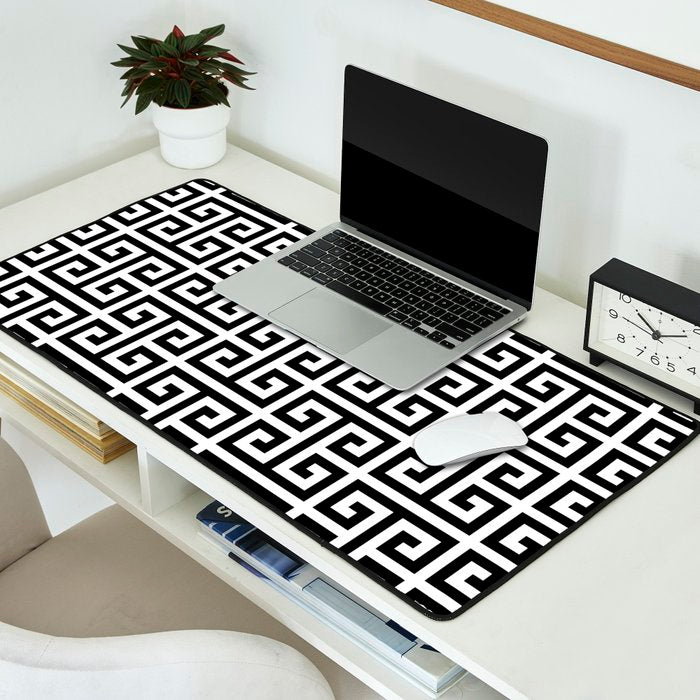 Large Black and White Greek Key Pattern Desk Mat Gallery Image 2