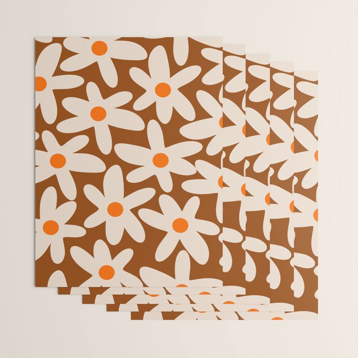 Daisy Time Retro Floral Pattern Brown Orange Beige Wrapping Paper Gallery Image 3
