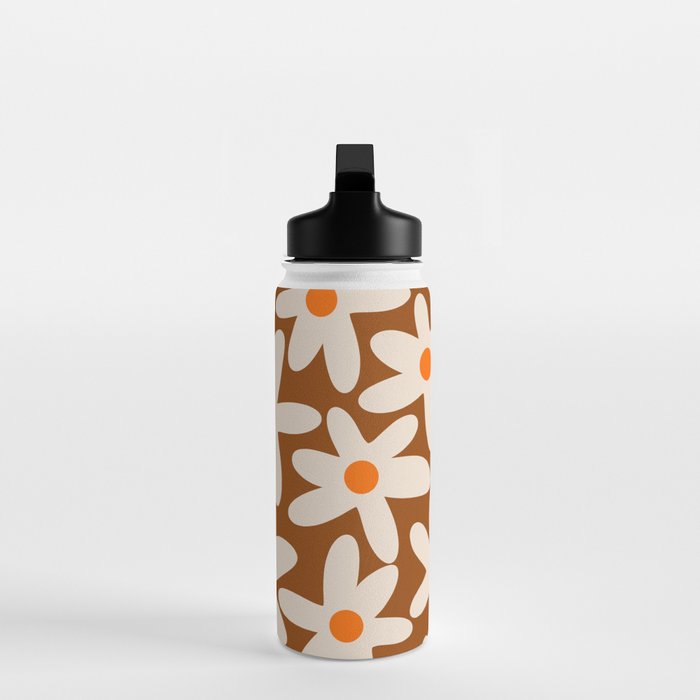 Daisy Time Retro Floral Pattern Brown Orange Beige Water Bottle Gallery Image 3