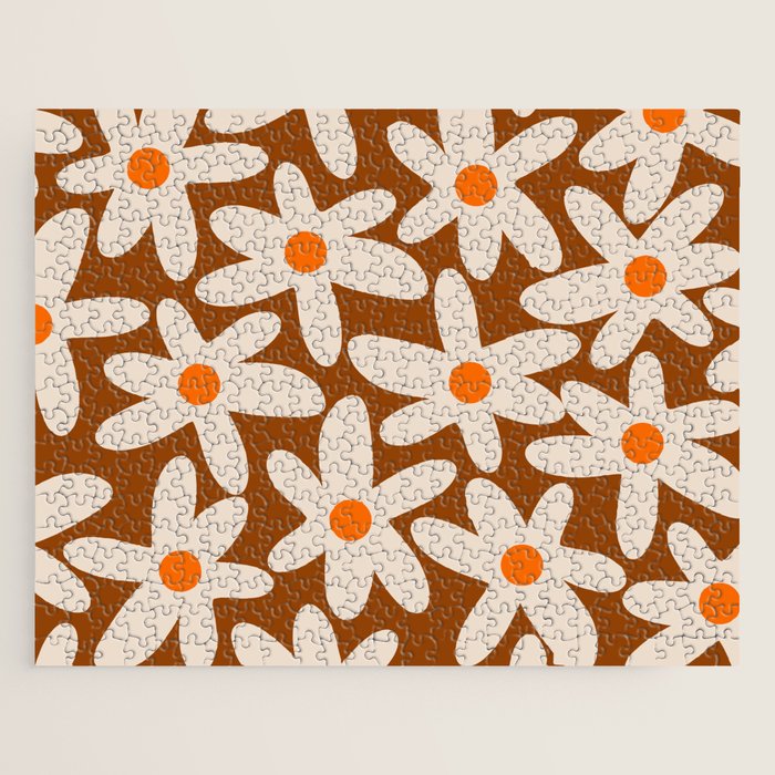 Daisy Time Retro Floral Pattern Brown Orange Beige Jigsaw Puzzle Gallery Image 1