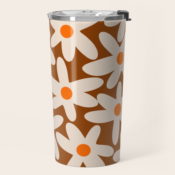 Daisy Time Retro Floral Pattern Brown Orange Beige Travel Mug Gallery Image 2
