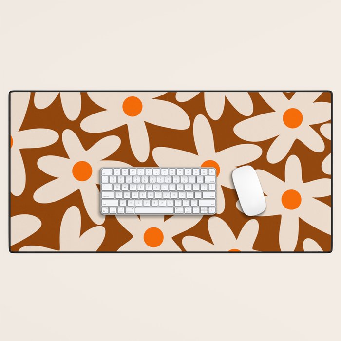 Daisy Time Retro Floral Pattern Brown Orange Beige Desk Mat Gallery Image 1