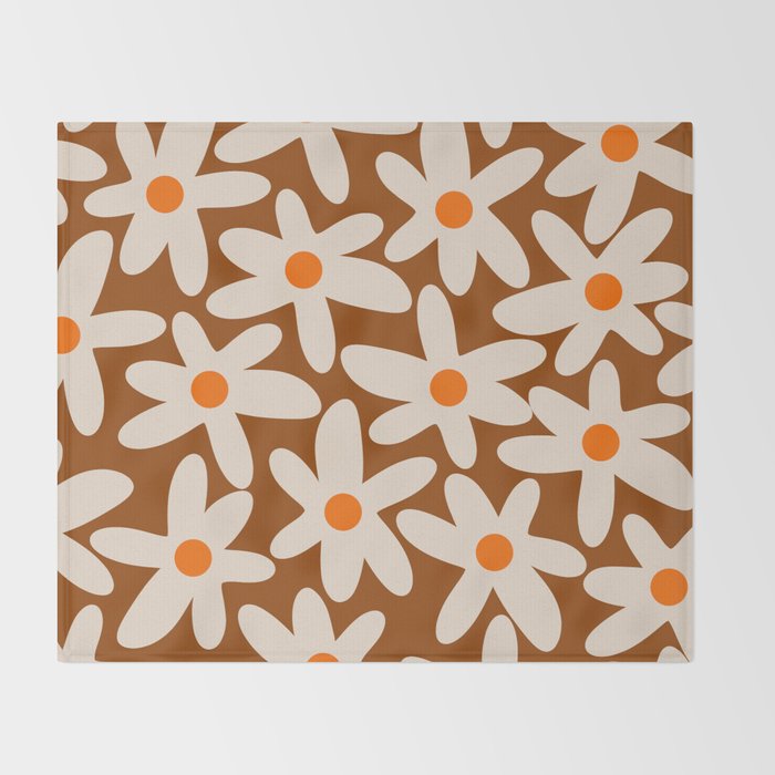 Daisy Time Retro Floral Pattern Brown Orange Beige Throw Blanket Gallery Image 2