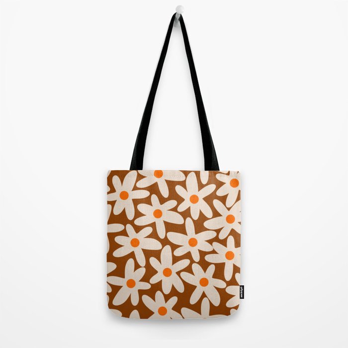 Daisy Time Retro Floral Pattern Brown Orange Beige Tote Bag Gallery Image 2