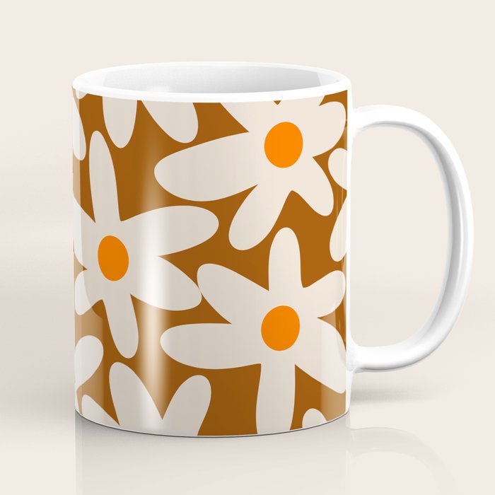 Daisy Time Retro Floral Pattern Brown Orange Beige Coffee Mug Gallery Image 1