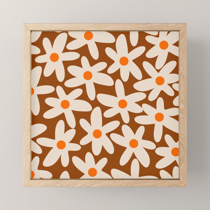 Daisy Time Retro Floral Pattern Brown Orange Beige Mini Art Print Gallery Image 1