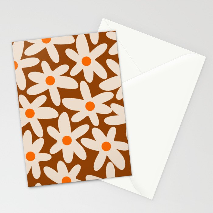 Daisy Time Retro Floral Pattern Brown Orange Beige Stationery Card Gallery Image 2