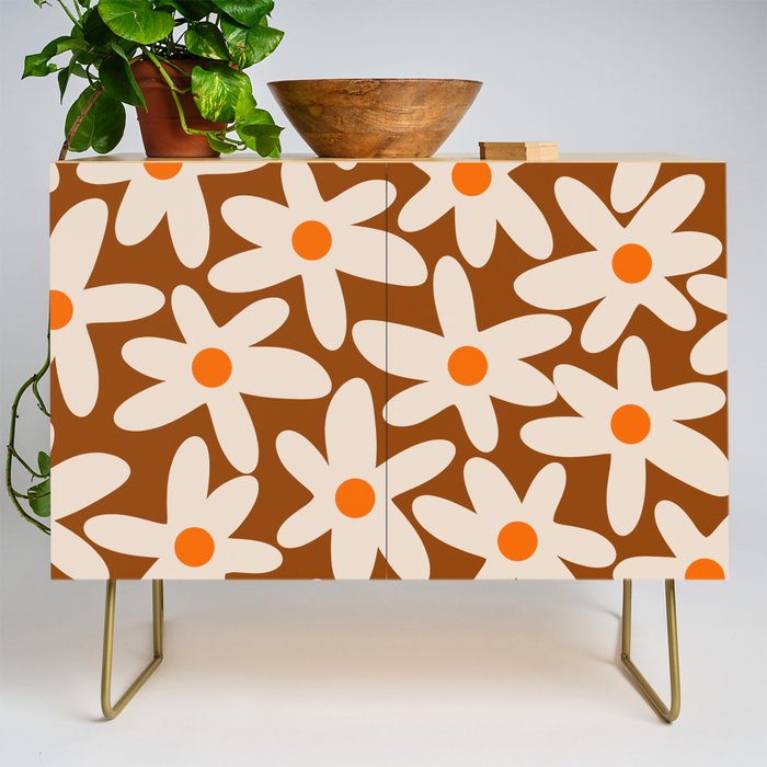 Daisy Time Retro Floral Pattern Brown Orange Beige Credenza Gallery Image 1