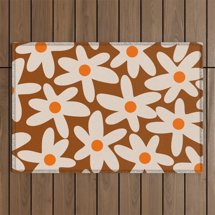 Daisy Time Retro Floral Pattern Brown Orange Beige Outdoor Rug Gallery Image 1
