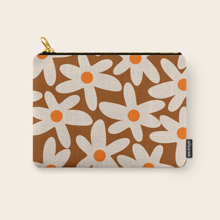 Daisy Time Retro Floral Pattern Brown Orange Beige Carry All Pouch Gallery Image 1