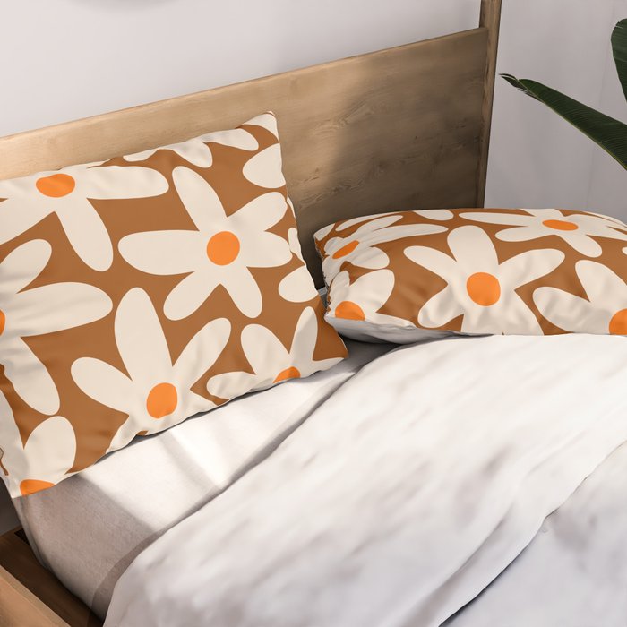 Daisy Time Retro Floral Pattern Brown Orange Beige Pillow Sham Gallery Image 2