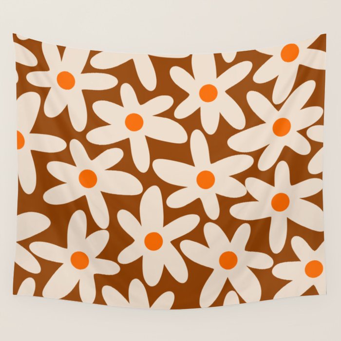 Daisy Time Retro Floral Pattern Brown Orange Beige Wall Tapestry Gallery Image 4