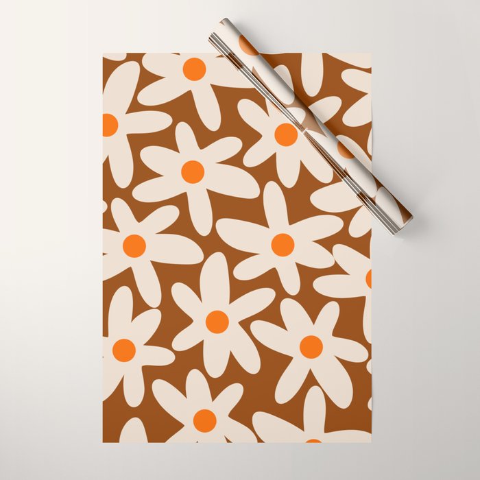 Daisy Time Retro Floral Pattern Brown Orange Beige Wrapping Paper Gallery Image 1