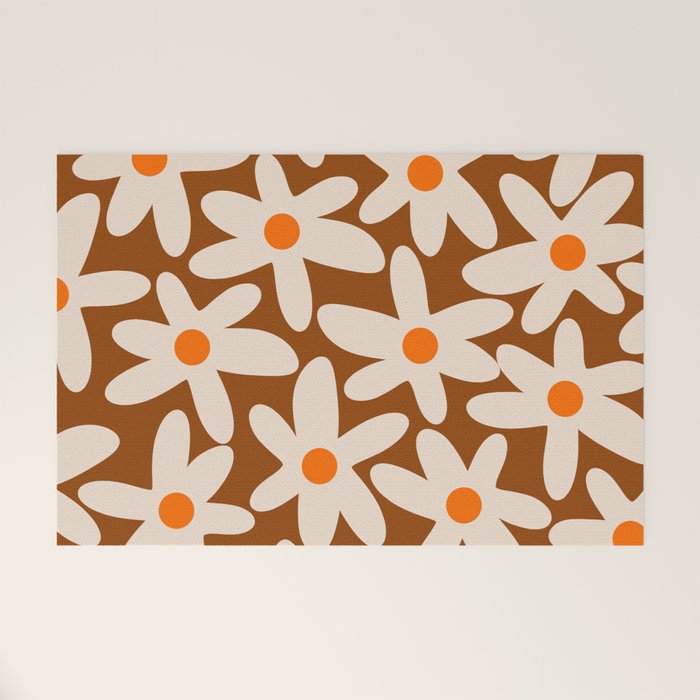Daisy Time Retro Floral Pattern Brown Orange Beige Welcome Mat Gallery Image 1