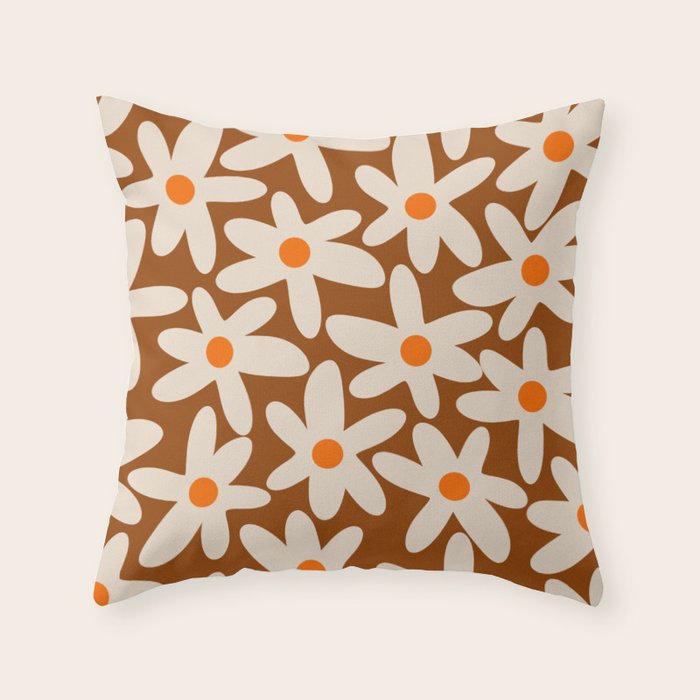Daisy Time Retro Floral Pattern Brown Orange Beige Throw Pillow Gallery Image 6