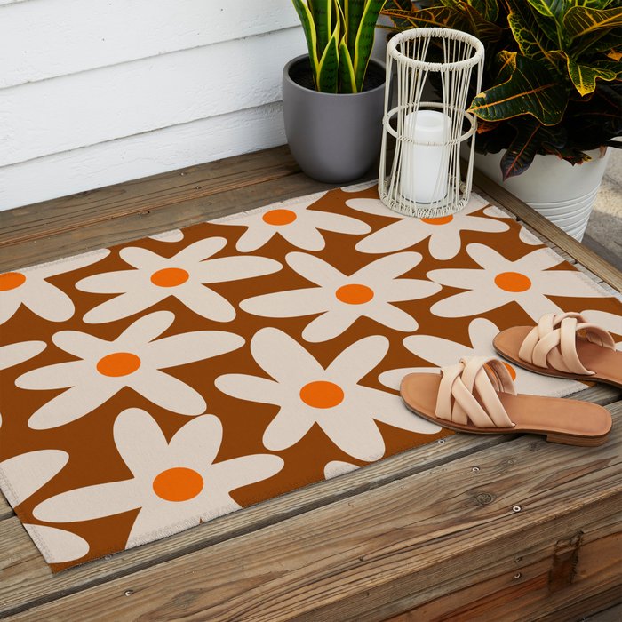Daisy Time Retro Floral Pattern Brown Orange Beige Outdoor Rug Gallery Image 2
