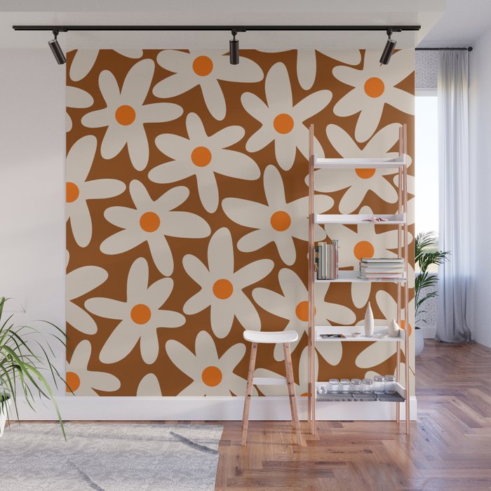 Daisy Time Retro Floral Pattern Brown Orange Beige Wall Mural Gallery Image 1