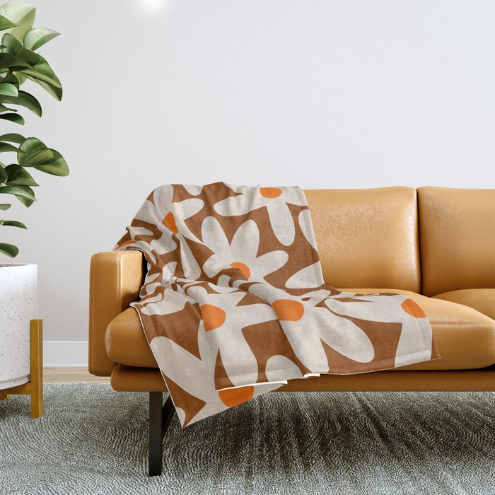 Daisy Time Retro Floral Pattern Brown Orange Beige Throw Blanket Gallery Image 1