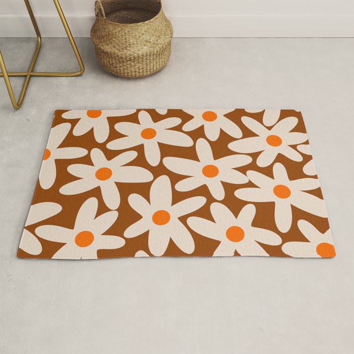 Daisy Time Retro Floral Pattern Brown Orange Beige Rug Gallery Image 1