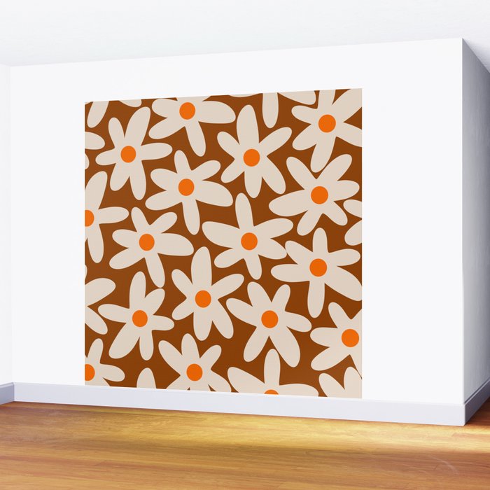 Daisy Time Retro Floral Pattern Brown Orange Beige Wall Mural Gallery Image 2