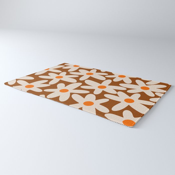 Daisy Time Retro Floral Pattern Brown Orange Beige Rug Gallery Image 3