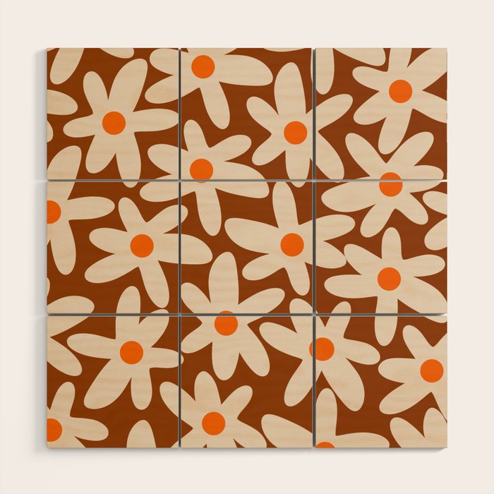 Daisy Time Retro Floral Pattern Brown Orange Beige Wood Wall Art Gallery Image 1