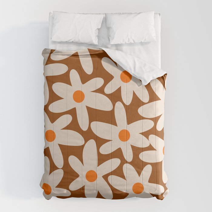 Daisy Time Retro Floral Pattern Brown Orange Beige Comforter Gallery Image 6