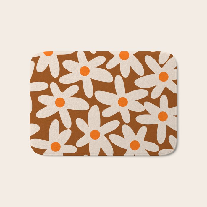 Daisy Time Retro Floral Pattern Brown Orange Beige Bath Mat Gallery Image 1
