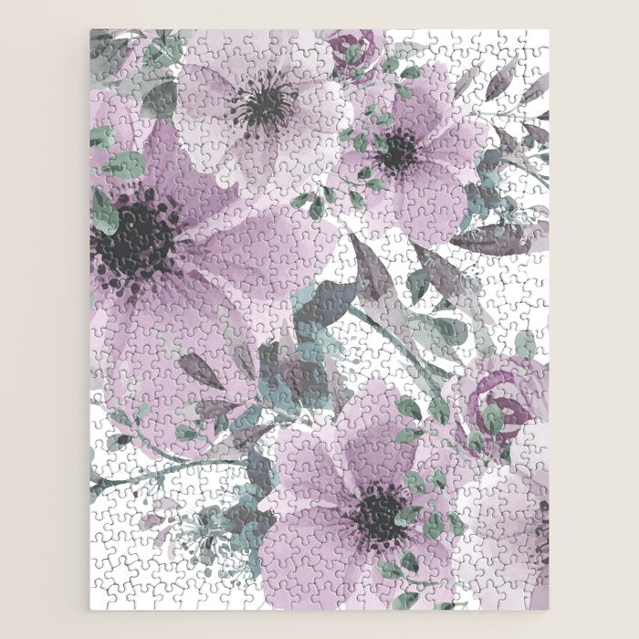 Floral Watercolor, Purple and Gray Jigsaw Puzzle Gallery Image 1