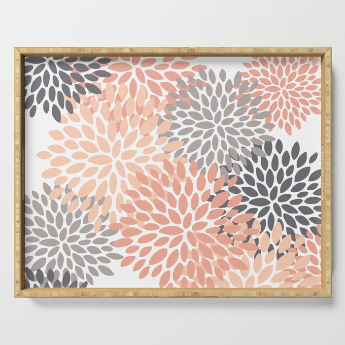 Floral Blooms, Peach and Gray Serving Tray Gallery Image 1