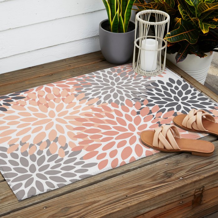 Floral Blooms, Peach and Gray Outdoor Rug Gallery Image 2