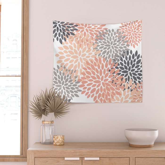 Floral Blooms, Peach and Gray Wall Tapestry Gallery Image 2