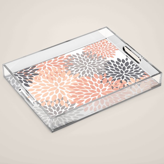 Floral Blooms, Peach and Gray Acrylic Tray Gallery Image 1