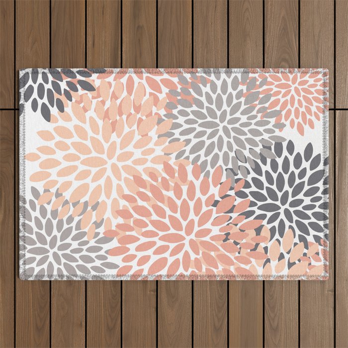 Floral Blooms, Peach and Gray Outdoor Rug Gallery Image 1
