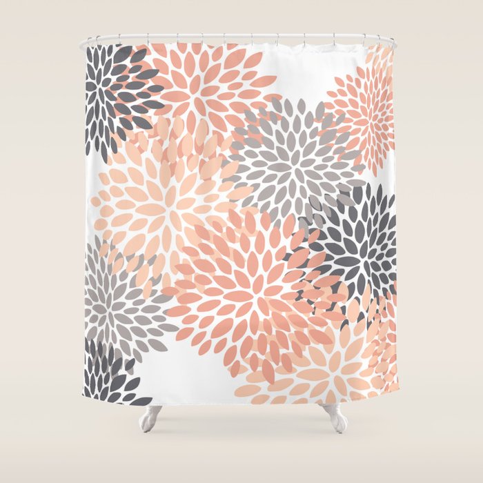 Floral Blooms, Peach and Gray Shower Curtain Gallery Image 1