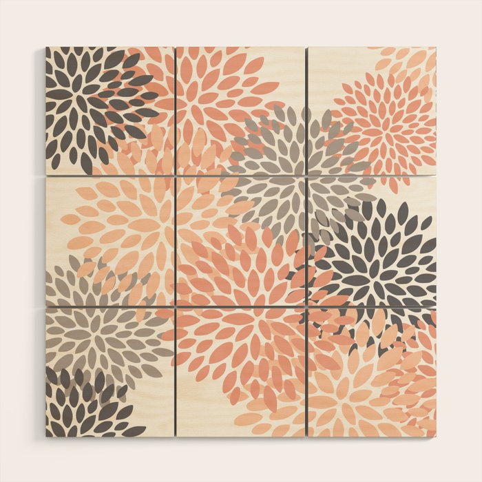 Floral Blooms, Peach and Gray Wood Wall Art Gallery Image 1