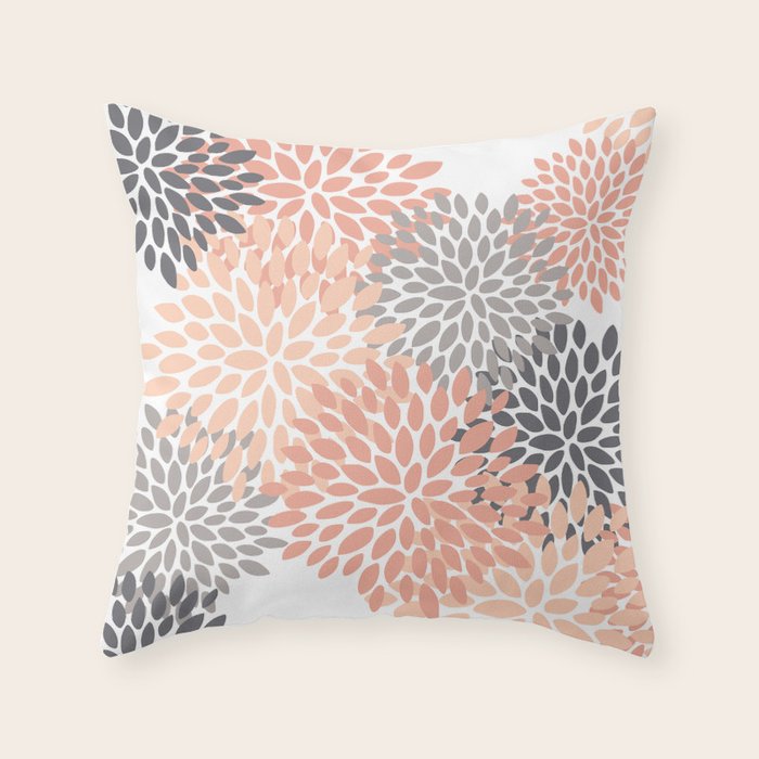 Floral Blooms, Peach and Gray Throw Pillow Gallery Image 1