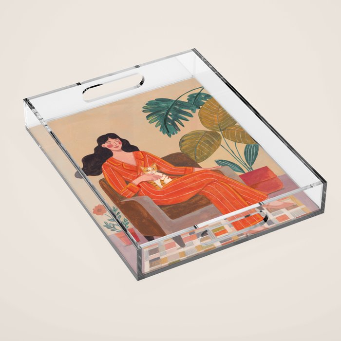 Woman with cat in living room in warm earth tones Acrylic Tray Gallery Image 1