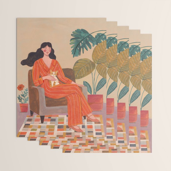 Woman with cat in living room in warm earth tones Wrapping Paper Gallery Image 3