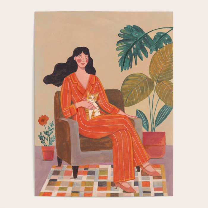 Woman with cat in living room in warm earth tones Poster Gallery Image 4